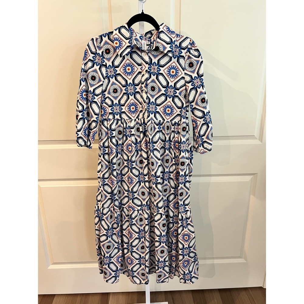 Grace + Karma Womens Blue Geometric Floral Tiered Midi Button Down Dress Small - Picture 2 of 6